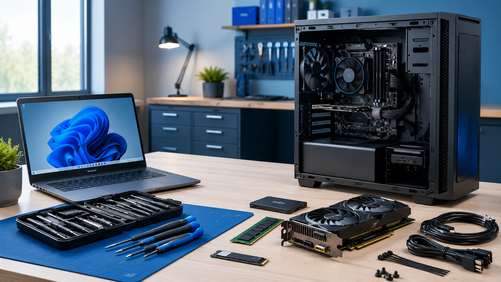 Modern computer service banner with laptop, PC build and repair tools
